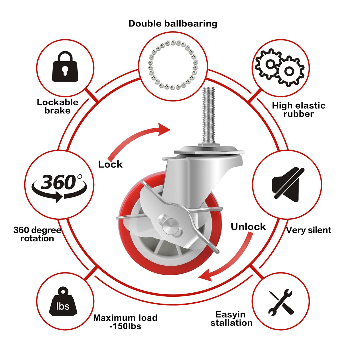 3 Inch Heavy Duty Stem Casters Swivel Wheels with Brake - 3/8" -16 x 1-1/2" (Stem Diameter 3/8", Stem Length 1-1/2"),Set of 4 with Locking Threaded Stem Caster Wheels - Load 600lbs NISUSK