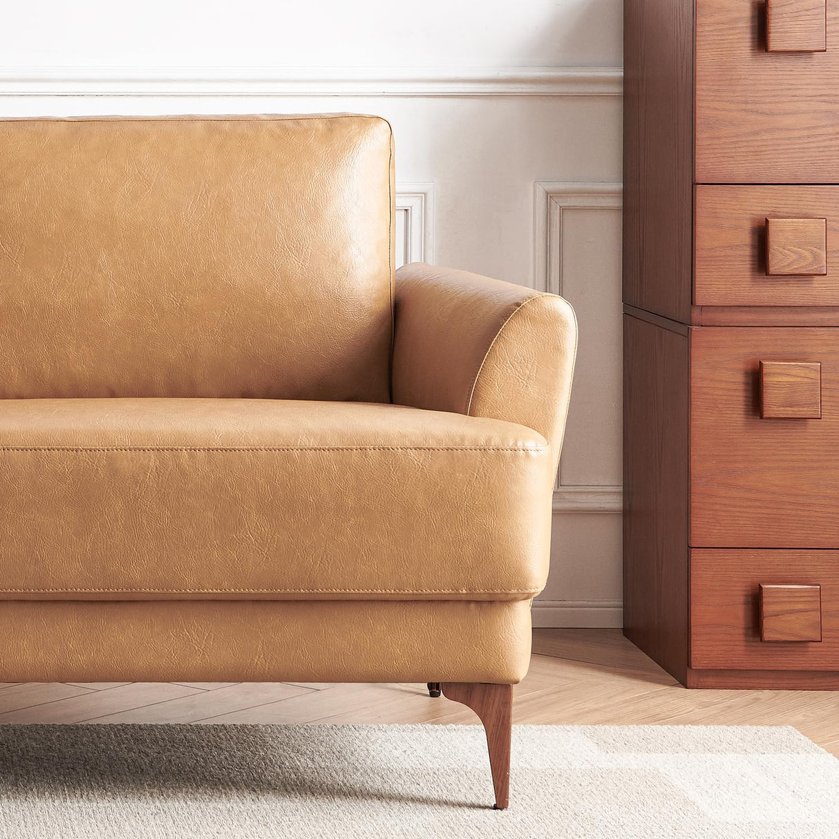 Atopston 63" Faux Leather Loveseat Sofa, Mid-Century Modern Decor 2 Seater Love Seat Couches, Comfy Armrest Small Couch with Wood Grain Legs for Living Room Apartment, Tan Leather Atopston