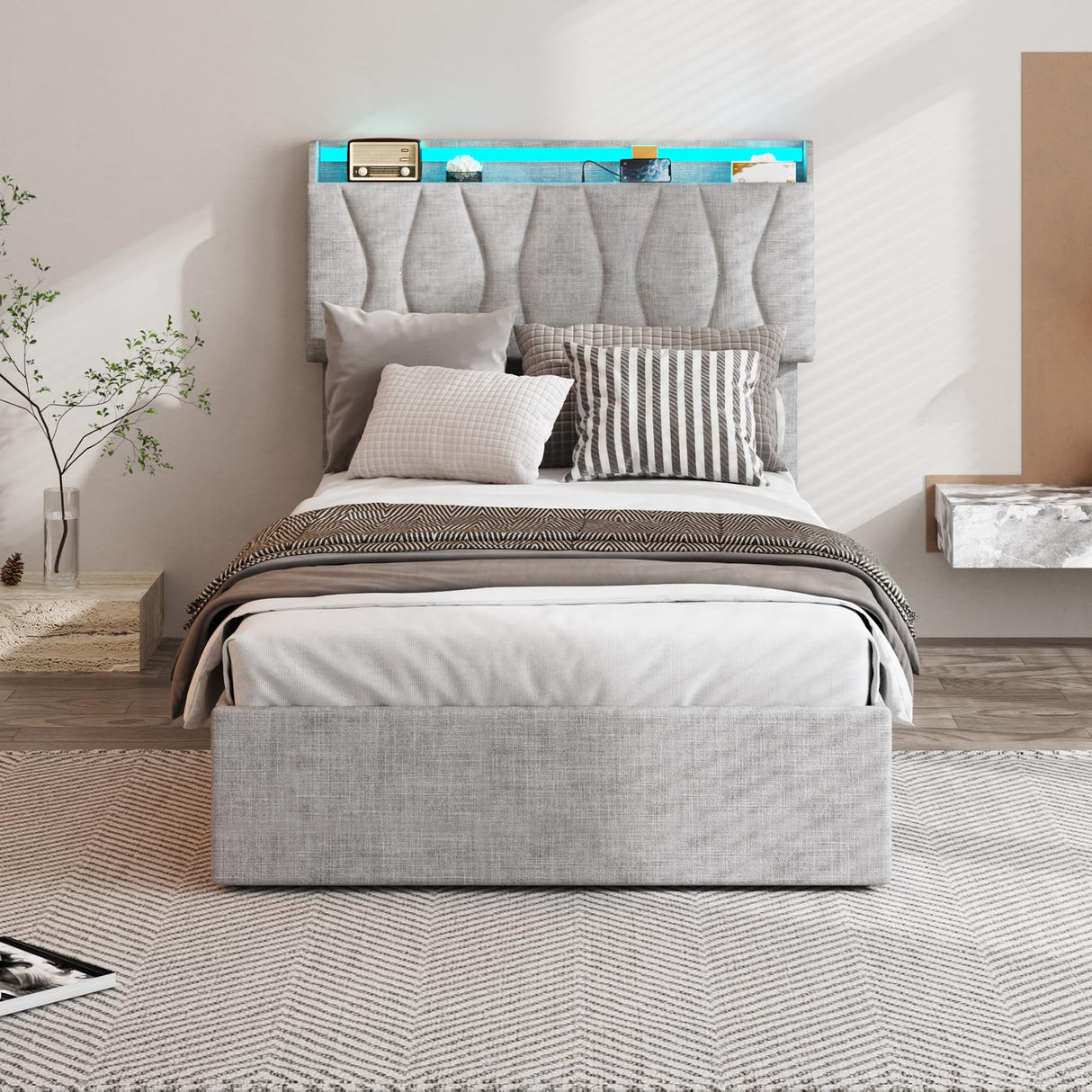 Twin Size Lift Up Storage Bed Frame with Adjustable Headboard, Charging Station, LED Lights, Wood Slats, Noise-Free, No Box Spring Needed, Light Grey Fameill