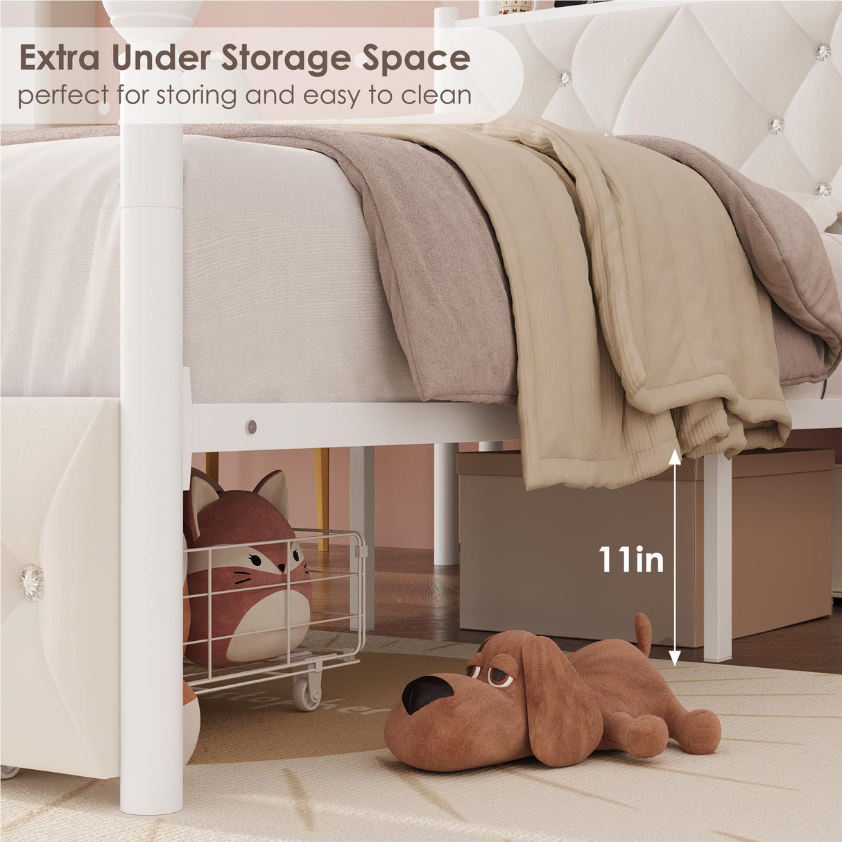 Keyluv Twin Upholstered Canopy Bed Frame with Drawer & Crystal Tufted Storage Headboard Metal Platform Bed with Charging Station & 4 Removable Posts No Box Spring Needed Curtain Not Included, Beige Keyluv