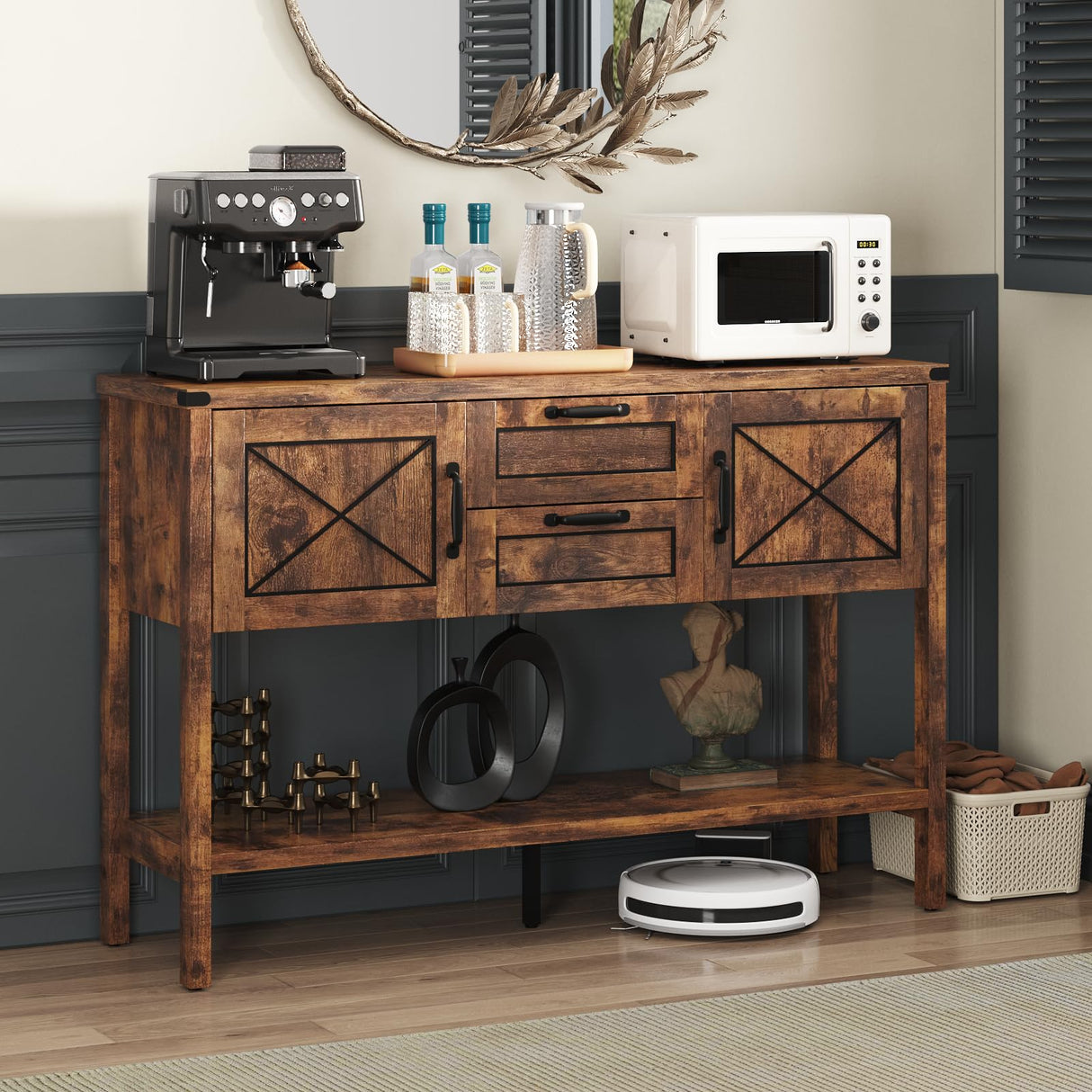 Maupvit Console Table with Storage,Farmhouse Sideboard Buffet Cabinet Kitchen Sideboard Cabinet with Storage Drawers and Bottom Shelf (Brown) Maupvit