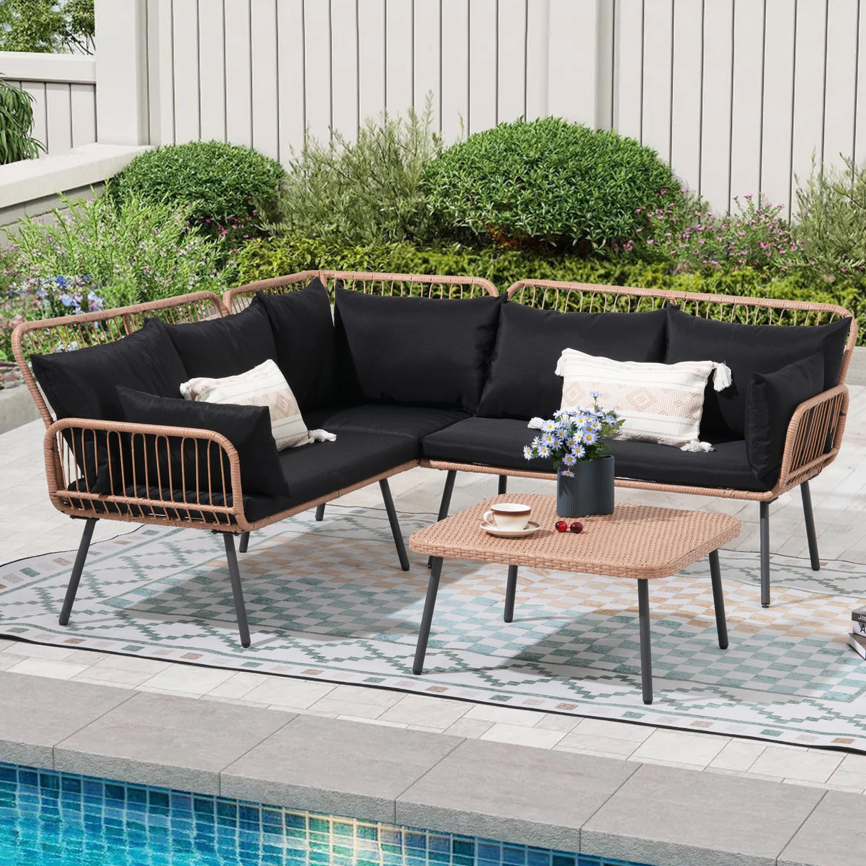 Verano Garden 4 Piece Outdoor Patio Furniture Set, Outdoor Wicker Sectional Couch, Balcony Furniture Set with Cushions & Square Table, Patio Conversation Set for Porch, Backyard (Black, 4PCS Sofa Set) Verano Garden