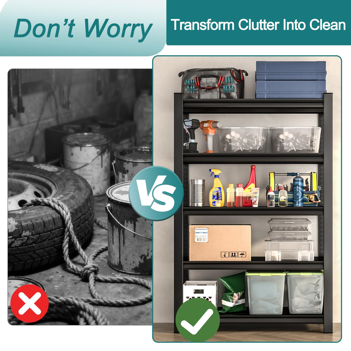 BESFUR 5-Tier Wider Garage Storage Shelves, Heavy Duty Metal Shelving Unit, Adjustable Matal Storage Shelving, 3000 lbs Capacity, for Warehouse Garage Basement, 19.7" D*47.3" W*71" H, Black BESFUR