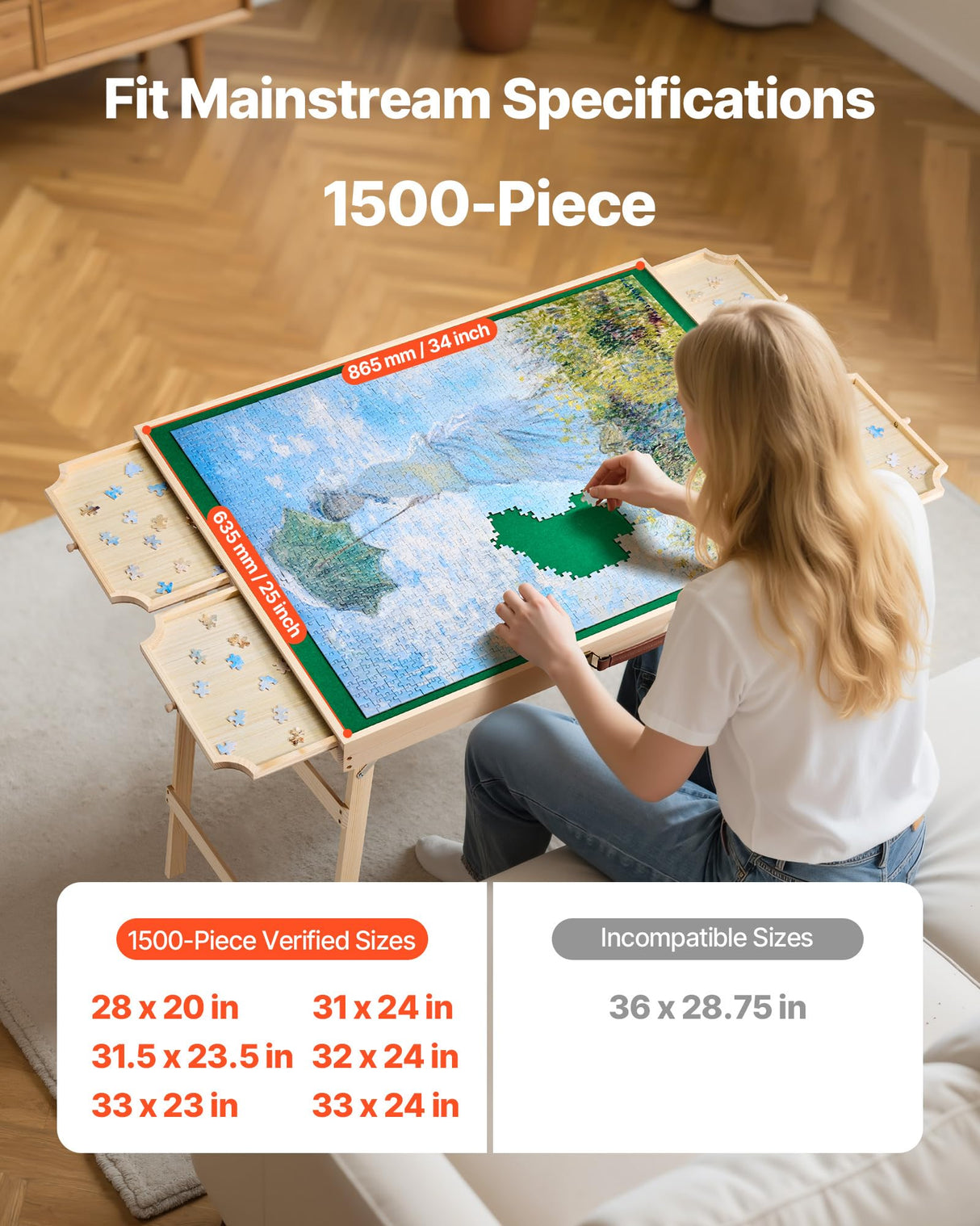 VEVOR 1500-Piece Puzzle Table with 4 Drawers, Adjustable 6-Angle Tilt, 34x25in Felt Surface Board at 26in Height, Folding Legs & Cover, Adult Jigsaw Accessories, Gift for Mom VEVOR