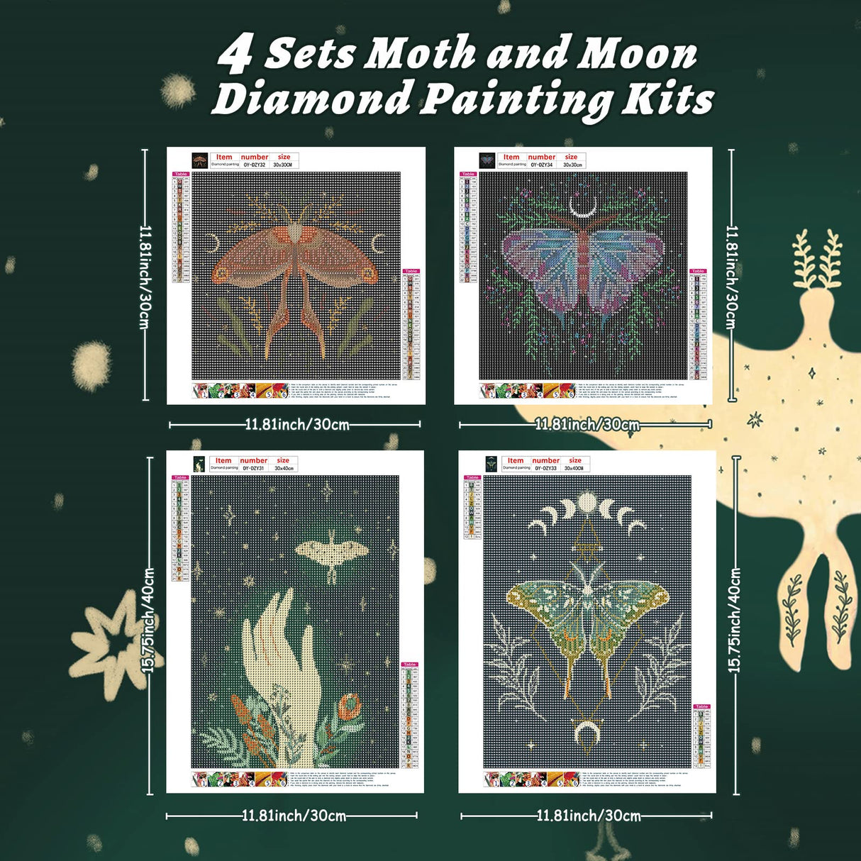 4 Sets Moth and Moon Diamond Painting Moon Moth DIY 5D Diamond Painting Kits Art with Accessories and Tools for Adults Beginners Craft Home Wall Decor, 4 Styles Fumete