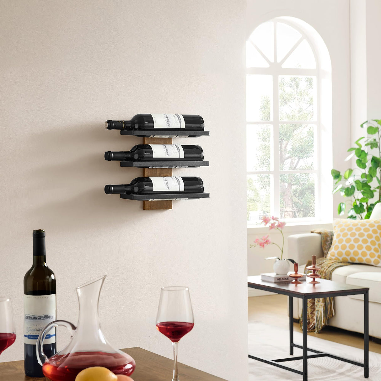 Hoctieon 3-Tier Wall Mount Wine Rack, Wall Mounted Wine Bottle Racks for Display and Storage, Hanging Bottle Holder, for Living Room, Dining Room, Bar, Wine Cellar, Rustic Brown Hoctieon