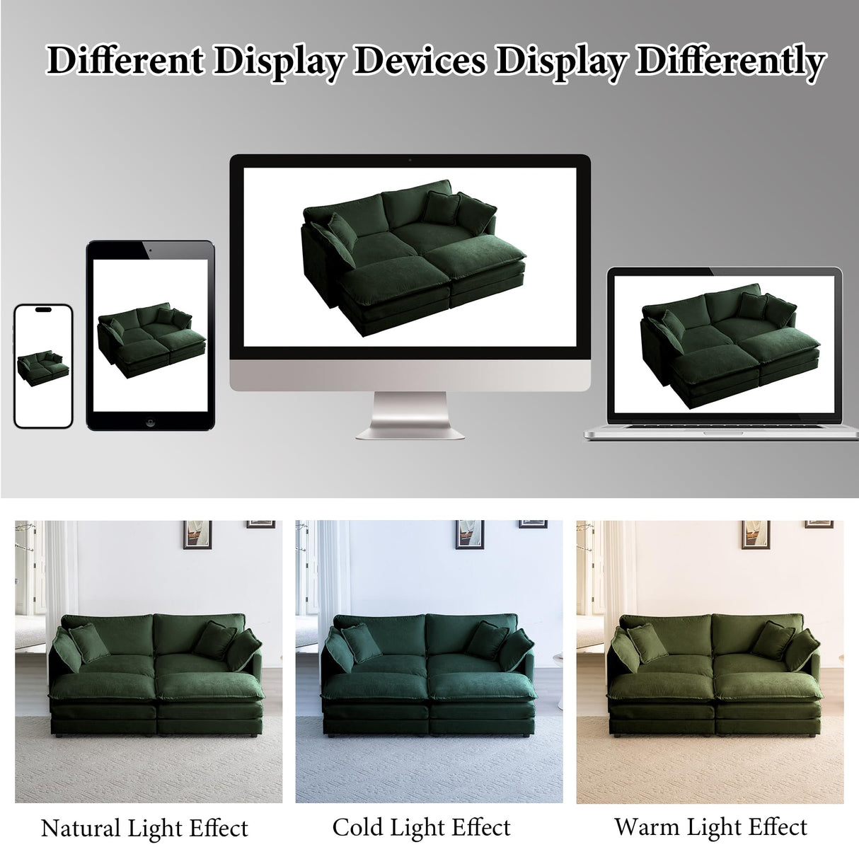 76.7" Deep Seat Sectional Cloud Sofa with 2 Ottomans & Soft Pillows, Loveseat Modular Couch for Living Room, Apartment, Small Space, Dark Green Chenille Tmsan