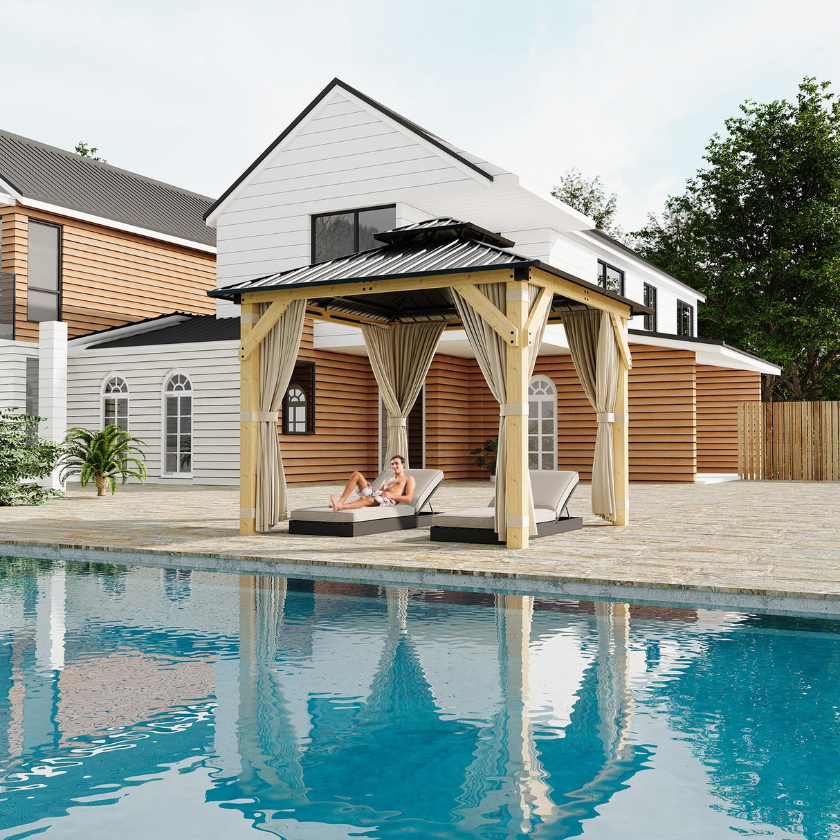 HarmonyHealth 10 x 10 Ft Wood Gazebo, Upgrade Wooden Frame, Double Galvanized Steel Roof, Hardtop Gazebo With Nettings And Curtains For Backyard, Patio, Garden And Lawn,Khaki HarmonyHealth