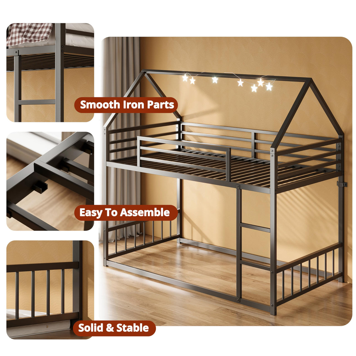 LIKIMIO Bunk Bed Twin XL Over Twin XL, Metal Bunk Bed Frame with Ladder and Guardrail, House Shaped with Metal Slats for Dormitory and Bedroom, Space Saving, No Box Spring Needed, Black LIKIMIO
