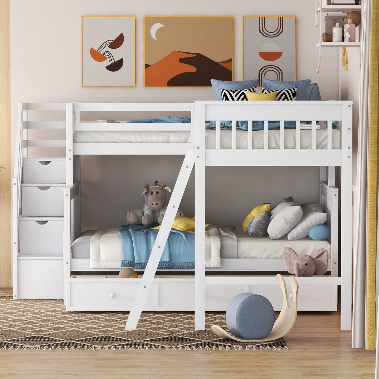 Bellemave L-Shape Triple Bunk Beds with Stairs and Storage Drawers Twin Over Full Bed Attached a Loft Wood Corner Bunked for 3 Kids Boys Girls Teens, White, White Stairs, Bellemave