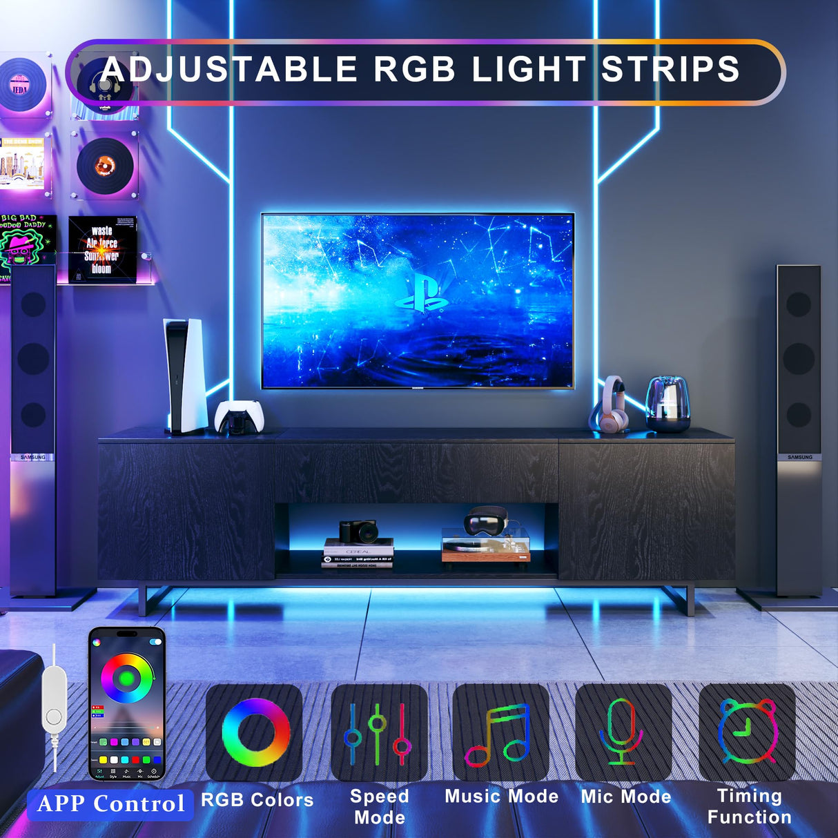 TV Stand for 75 inch TV, Entertainment Center with LED Light, Modern Wood TV Console with Texture Entertainment Stand with Highlight Storage Cabinet for TVs Up to 70-80" Black HUAHUU