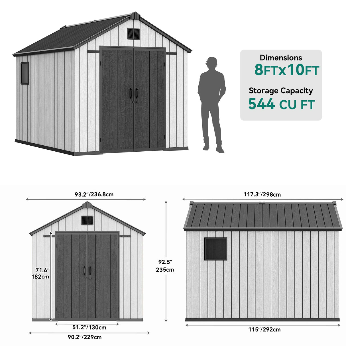 YITAHOME 8x10 FT Outdoor Storage Shed with Lockable Door, Large 544 Cuft Resin Shed with Floor Roof Windows Vents, All-Weather Plastic Storage Shed Tool Organizer for Backyard Garden Patio Lawn, Gray YITAHOME