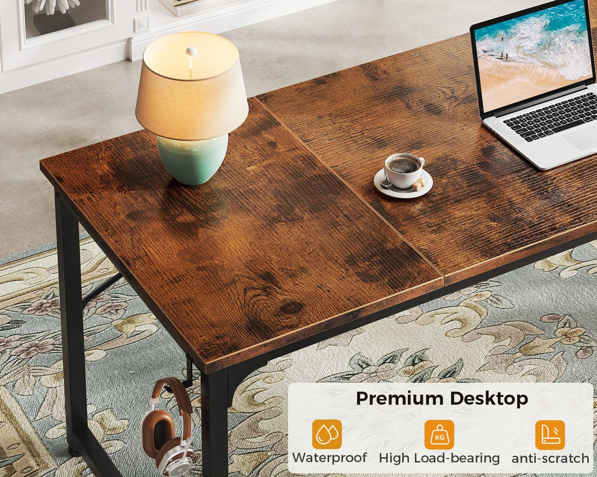 ODK Computer Desk Large Office Desk, 63 Inch Gaming Desk with Storage, Modern PC Desk Work Table with Headphone Hook for Home Office, Splice Board, Rustic Brown ODK