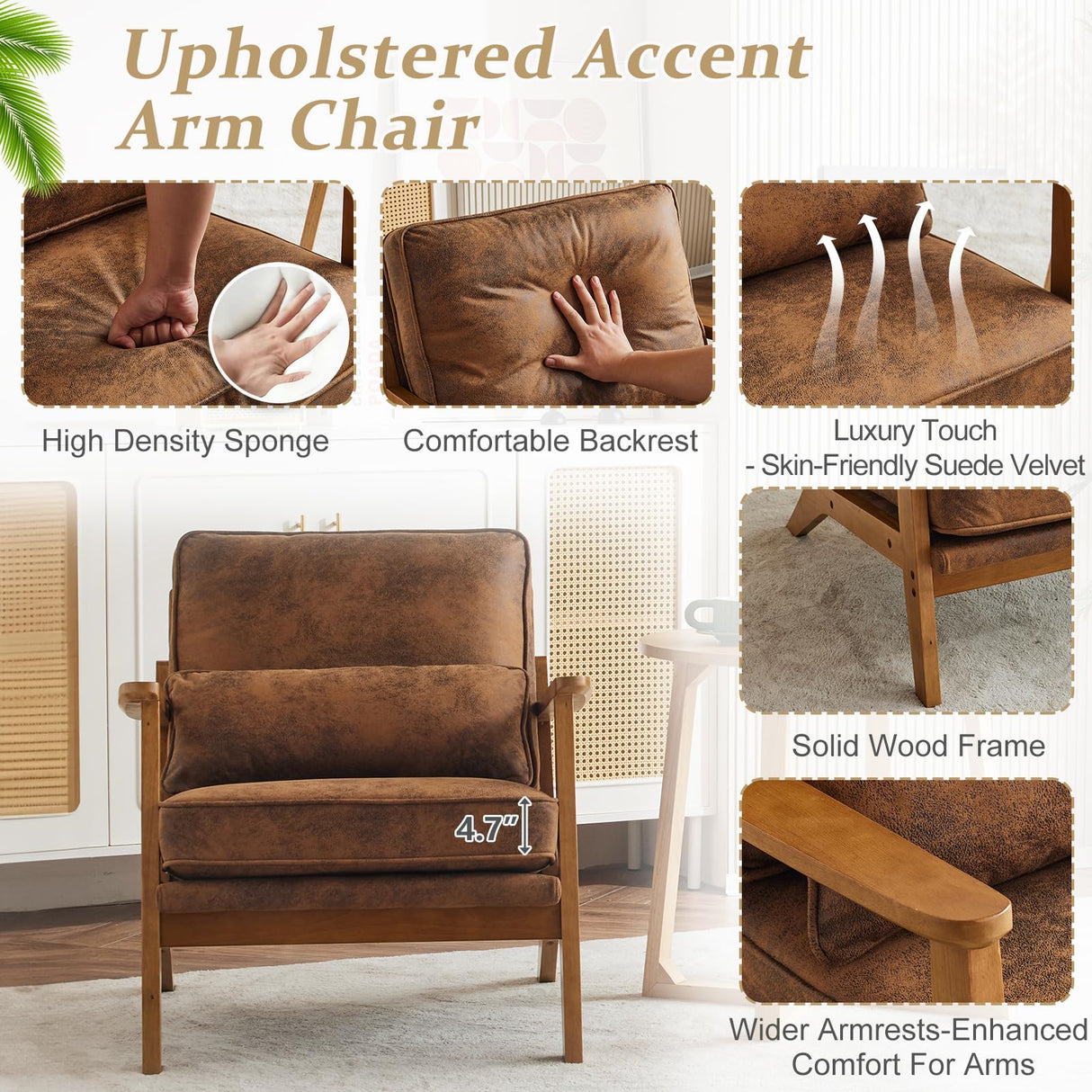 VINGLI Solid Wood Wide Armrests Accent Chair,Upholstered Mid Century Modern Chair with Pillow,Comfy Reading Chair Farmhouse Arm Chair,Chairs Living Room,Bedroom,Guest Room,Suede,Rustic VINGLI