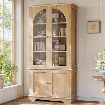 SEDETA Farmhouse Bookcase with Doors, 71" Arched Bookcase with Glass Doors, Tall Bookshelves with Storage Cabinet, Arched Cabinet with Adjustable Shelves for Office, Kitchen, Natrual