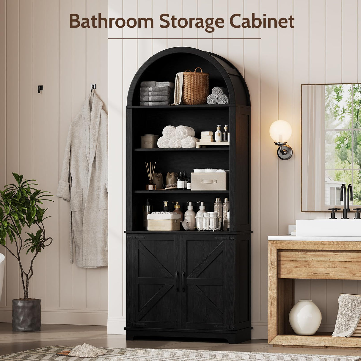 Vividwood 6-Tier Farmhouse Arched Bookshelf Bookcase with Doors, 70" Tall Storage Cabinet and Display Shelves, Open Shelves for Living Room or Office, Black Vividwood