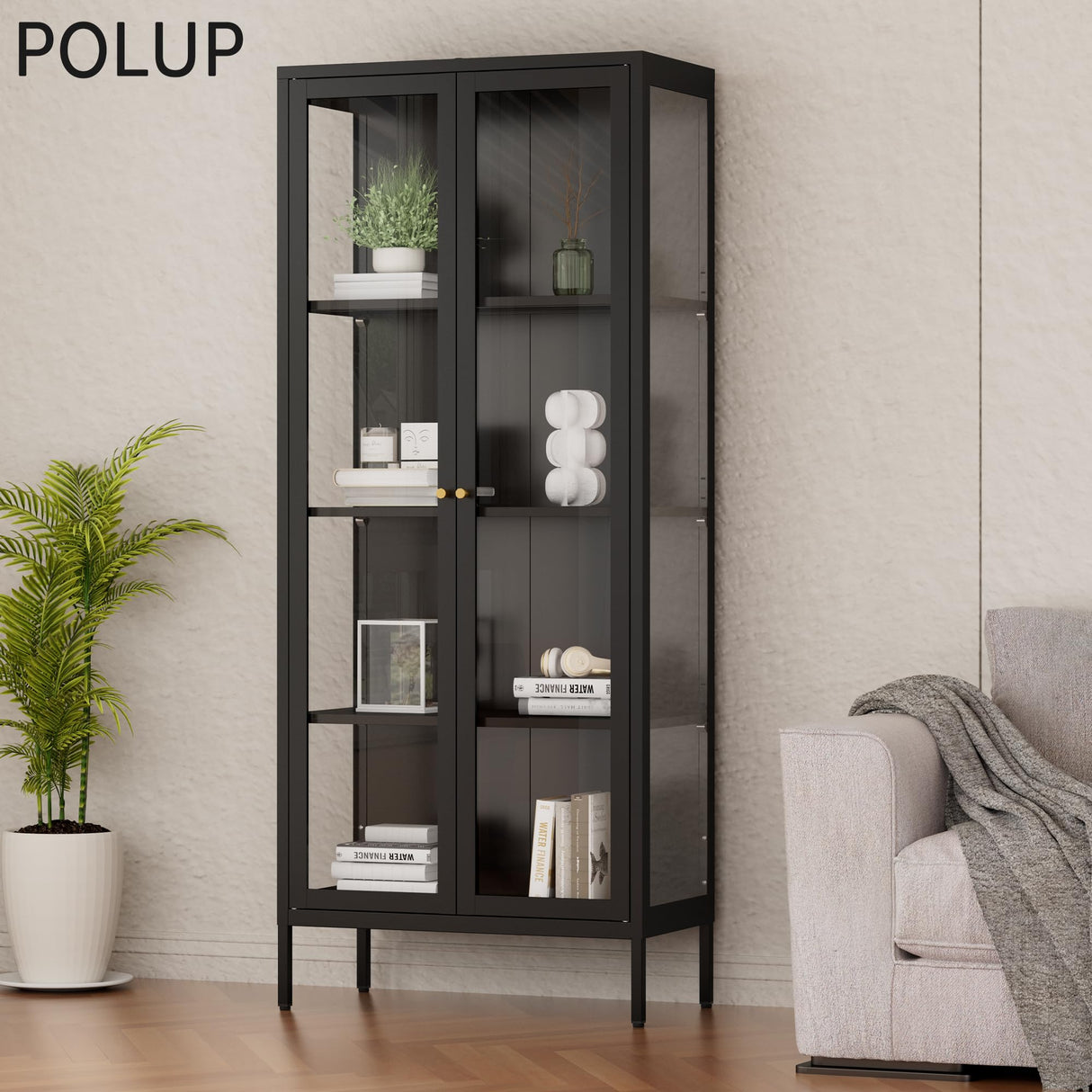 Polup Display Cabinet with 3 Side Tempered Glass, 66" Tall Curio Cabinet with Doors, Black Display Case for Collectibles, Figures, Metal Storage Cabinet for Living Room, Home Office, Assemble Required Polup
