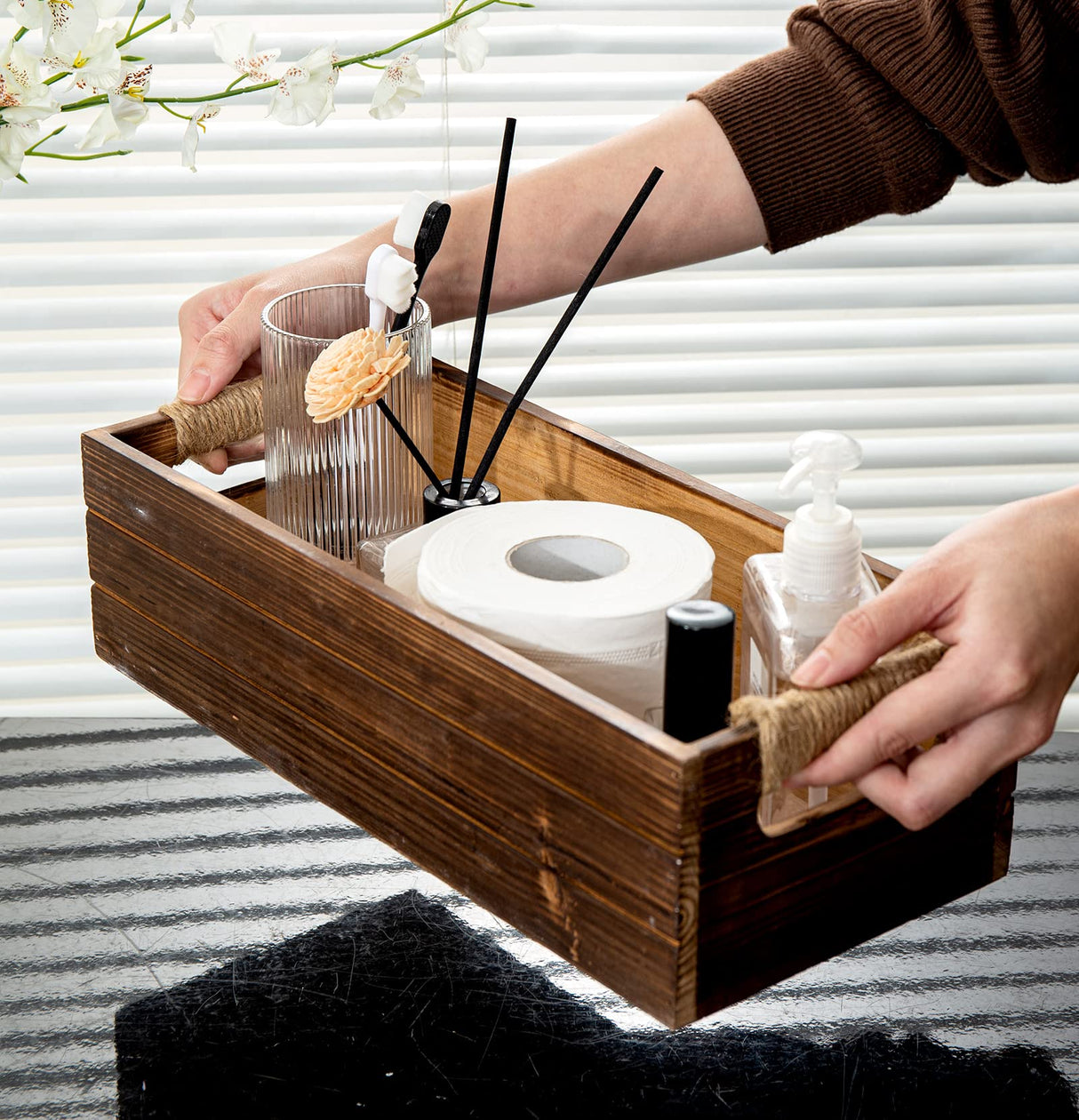 TIMRIS Rustic Wooden Box, Farmhouse Bathroom Decor Box, Wooden Toilet Paper Holder, Toilet Tank Basket, Decorative Storage Container Box (Rustic Brown) TIMRIS