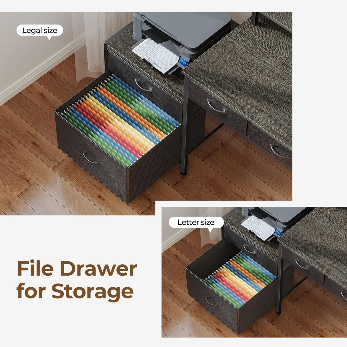 Seventable L Shaped Desk with File Drawers, 64" Home Office Desk with Power Outlet & LED Lights, Reversible Gaming Desk with Printer Storage Shelves, Corner Computer Desk with Monitor Stands, Grey Seventable