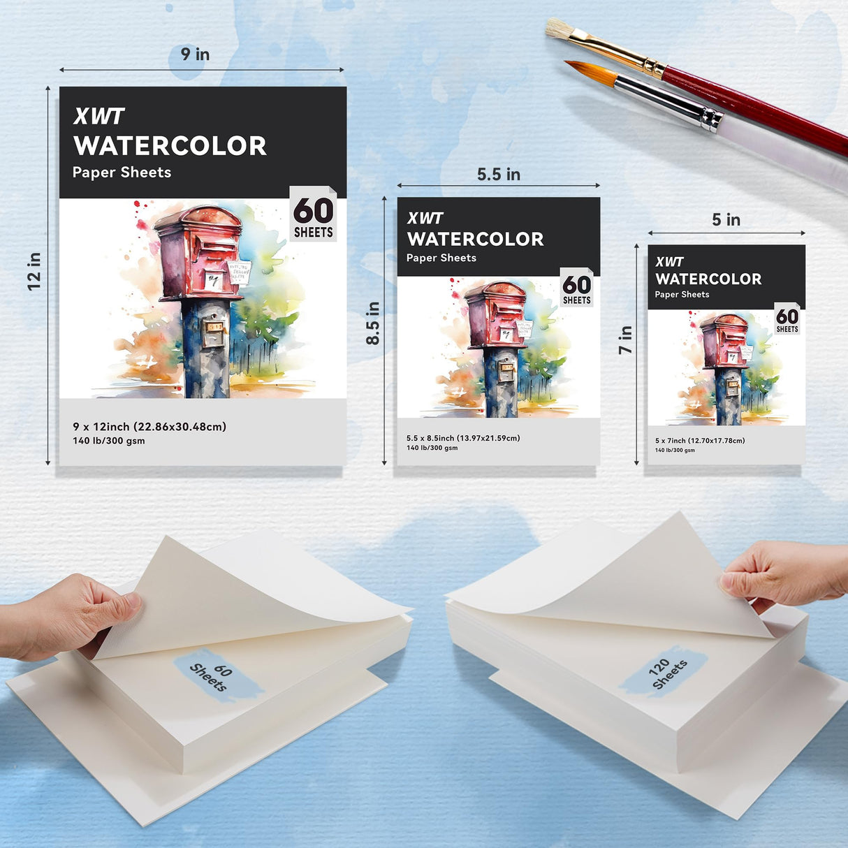 XWT 60 Sheets Watercolor Paper Bulk, 5.5x8.5in 140lb/300gsm, Cold Pressed Acid Free Natural White Textured Water Color Painting Art Supplies, Drawing Gift for Artists, Students, Kids XWT