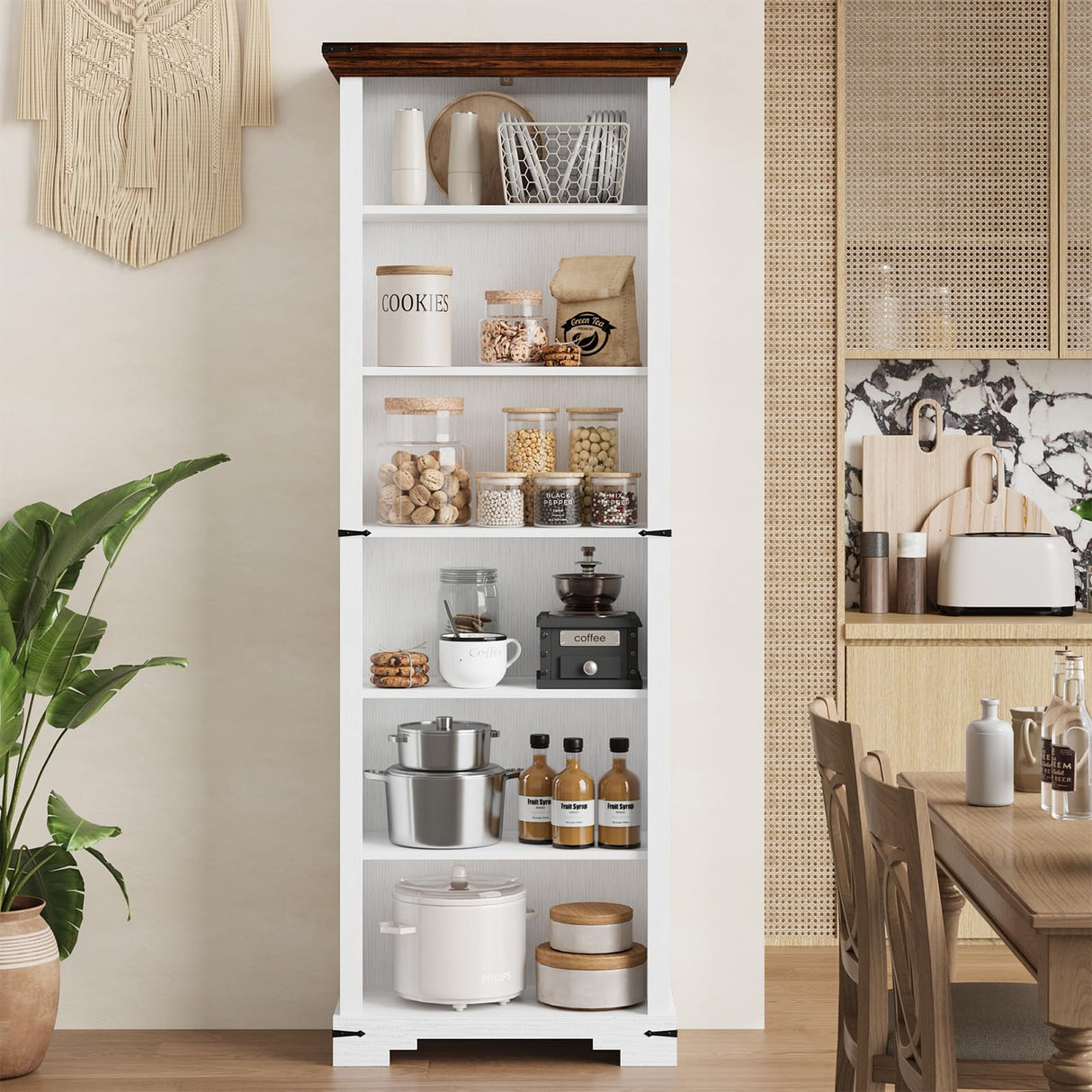 HOTLUU 6-Tier Farmhouse Bookshelf, 73 inch Tall Book Shelf with Unique Design & 2 Adjustable Shelves, Wooden Bookshelf for Study Room, Living Room, Kitchen, Bedroom (White) HOTLUU