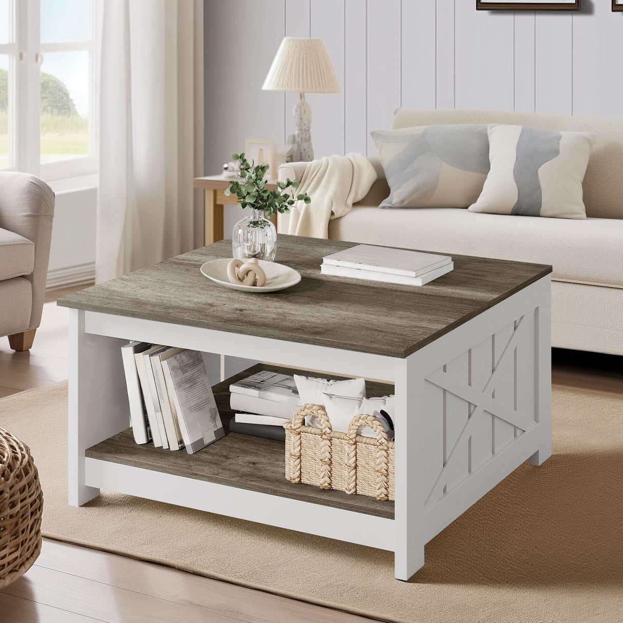 YITAHOME Coffee Table Farmhouse Coffee Table with Storage Rustic Wood Cocktail Table, Square Coffee Tables for Living Meeting Room with Half Open Storage Compartment, Light Brown and White YITAHOME