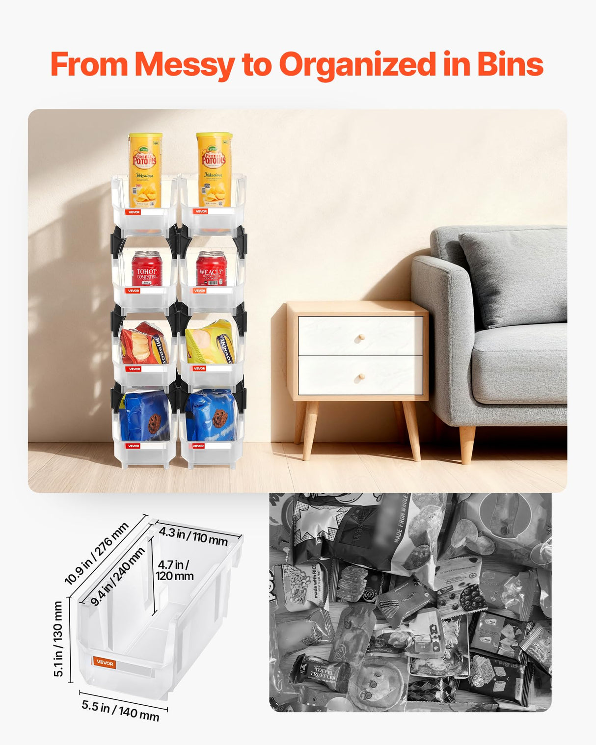 VEVOR Plastic Stackable Storage Bins, 10.9 x 5.5 x 5.1 inch (8 Pack), Plastic Containers for Organizing & Storage Bins for Closet, Garage, Small Parts, Office Supplies, Other Accessories, Transparent VEVOR