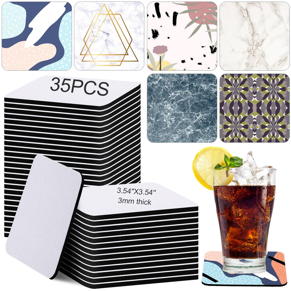 Cunhill 35 Pieces Sublimation Blanks Coasters, 3.54 x 3.54 Inch Square Blank Cup Mat Rubber Coasters Blank Cup Coaster for Sublimation Transfer Heat Press Printing DIY Crafts Cunhill