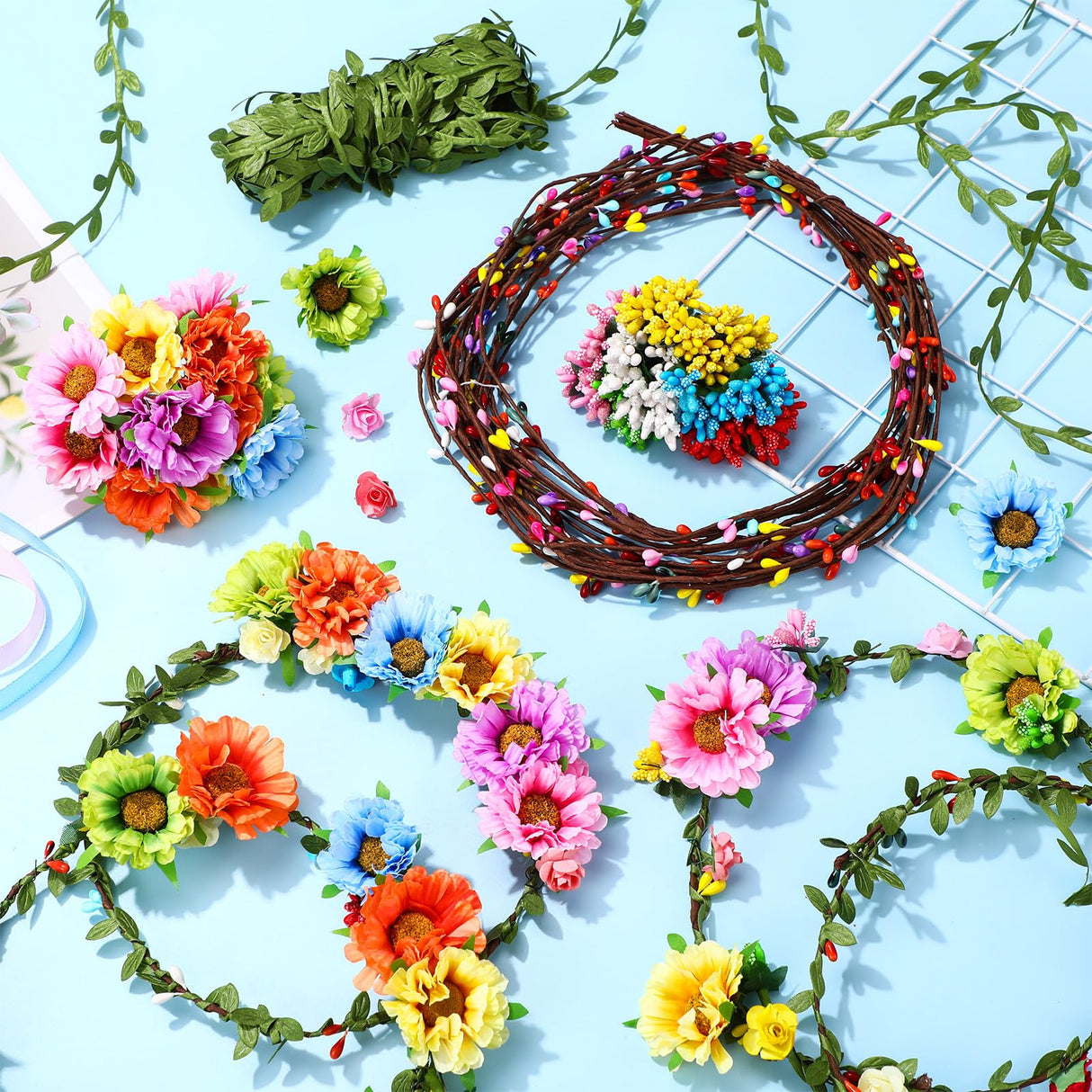 Suncalla 30 Sets Flower Crowns Making Kit, Make Your Own Flower Crown Wreath Garland Headbands and Bracelets Craft Kit Handmade DIY Floral Hair Accessories Gift for Girls/Teens/Women(Azalea) Suncalla