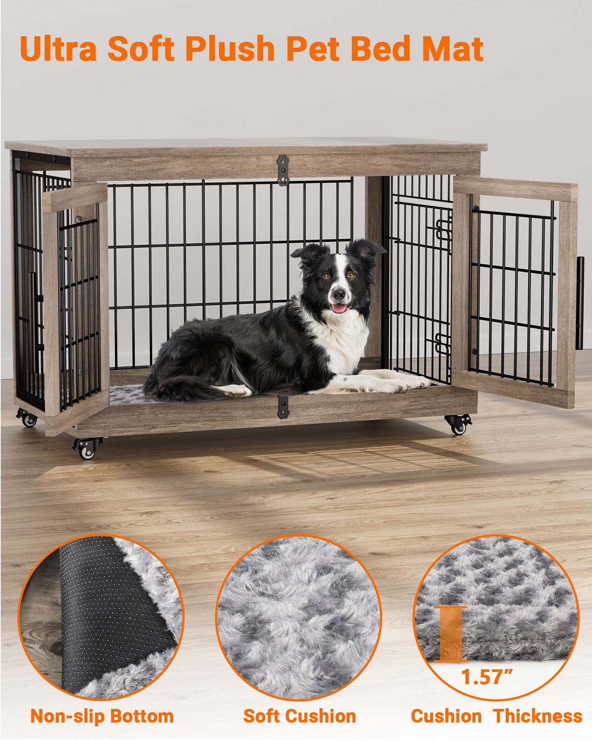 Dog Crate Furniture with Cushion, Large Wooden Dog Kennel Indoor with Double Doors, Dog Cage with Wheels, Dog House Side End Table for Large Medium Dogs up to 70 lb, 38.5” L, Grey YaFiti