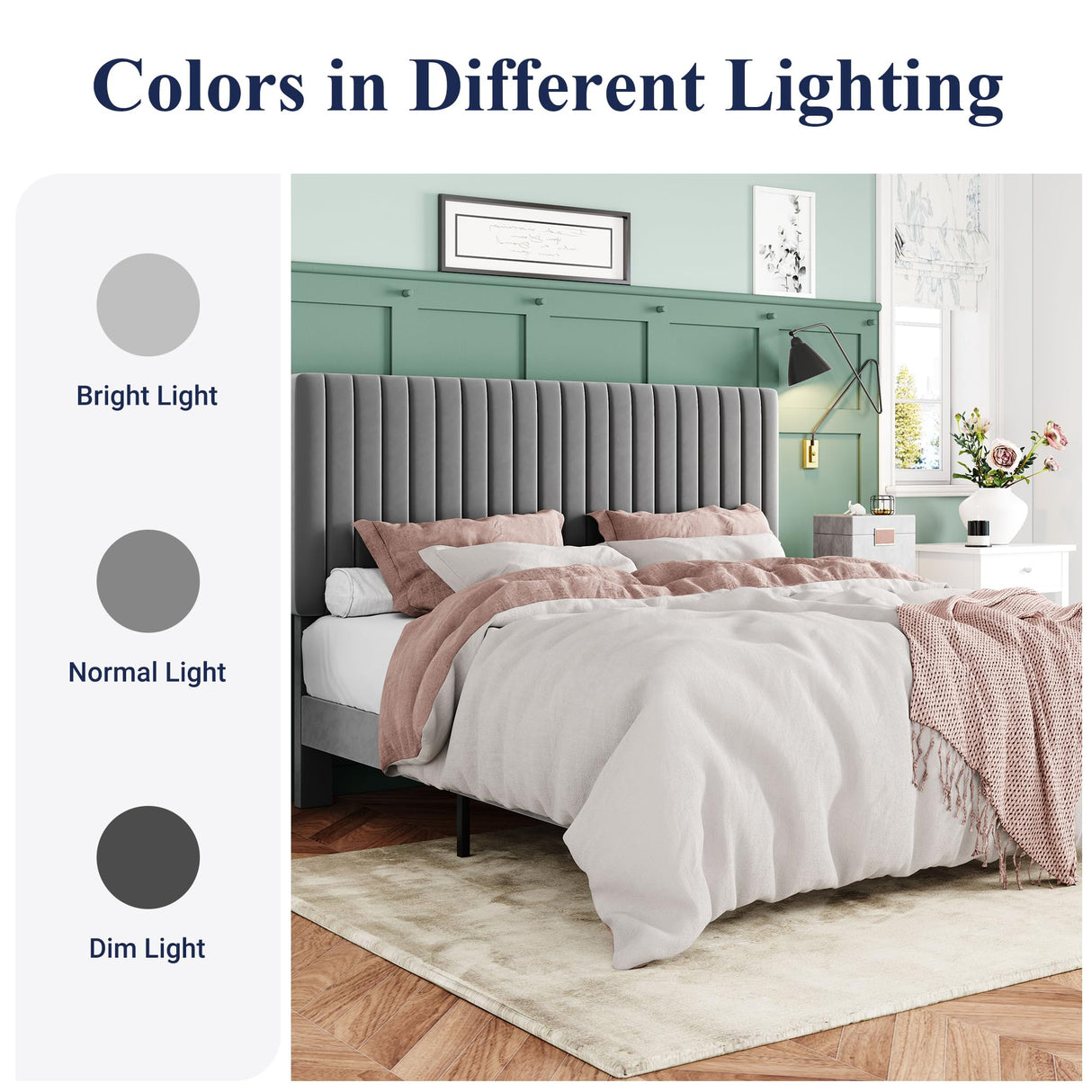 Allewie Full Bed Frame, Velvet Upholstered Platform Bed with Adjustable Vertical Channel Tufted Headboard, Mattress Foundation with Strong Wooden Slats, Box Spring Optional, Easy Assembly, Grey Allewie