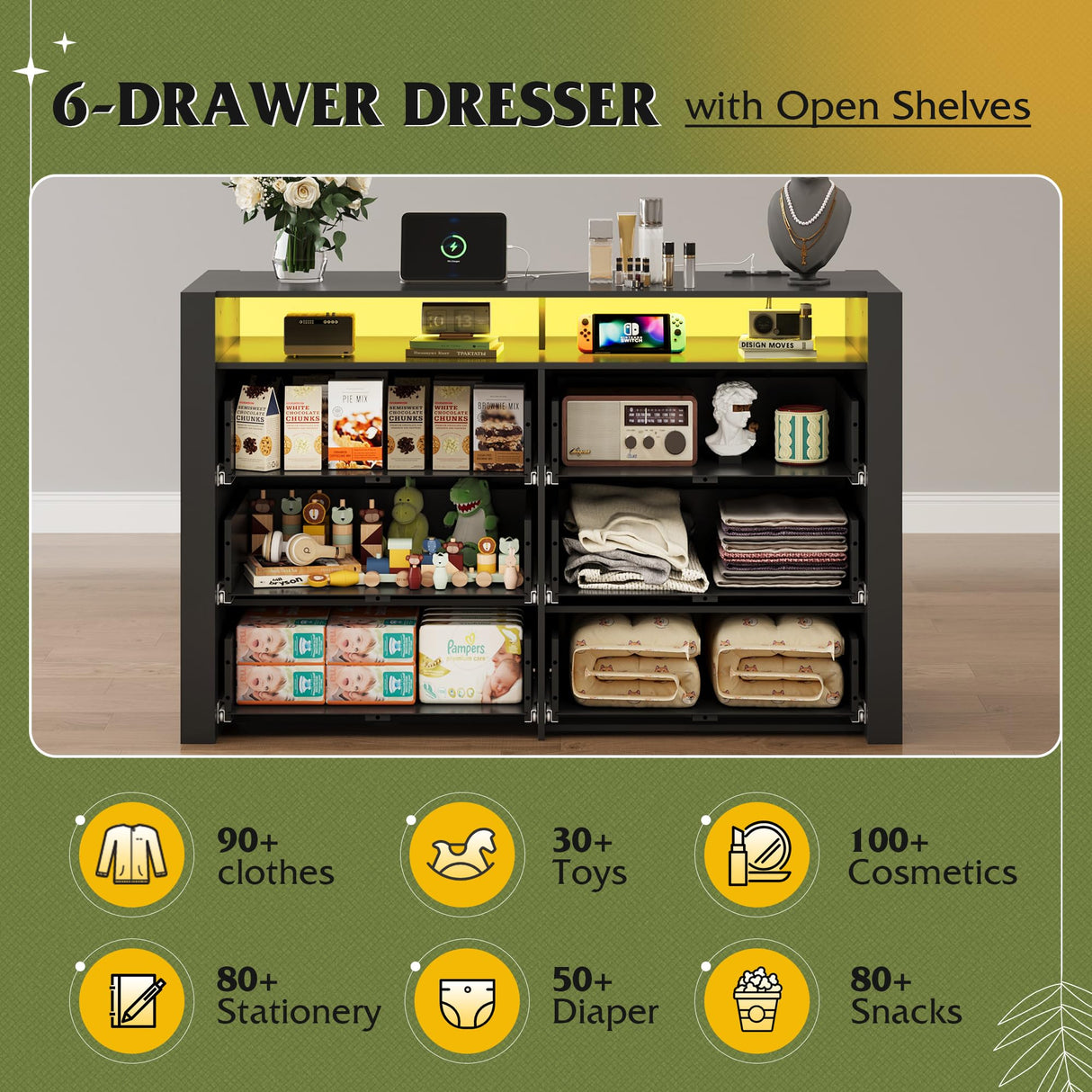 WLIVE 6 Drawer Led Dresser for Bedroom, 50.79'' Black Wood Dresser Storage Organizer with Power Outlets for 55'' TV, Dressers with Open Shelves, Hanging Rack, Chest of Drawers for Closet, Living Room WLIVE