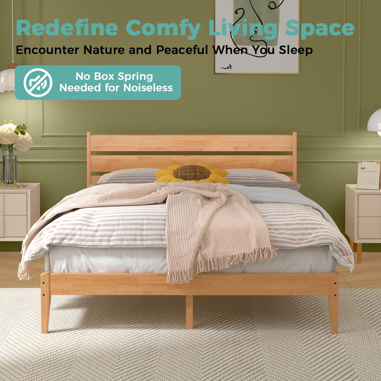 MORDEER Solid Wood Queen Bed Frame, Malaysian Oak Platform Bed with Ladder Headboard, Modern Bedframe with Elevated Bed Legs, No Box Spring Needed, Noise-Free, Queen Size, Rustic Pine MORDEER