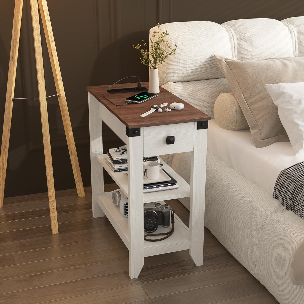 Fameill End Tables Living Room Set of 2, Narrow Side Table with Charging Station, Small Bedside Table for Small Space, Skinny Nightstand with Storage Drawer, White Fameill