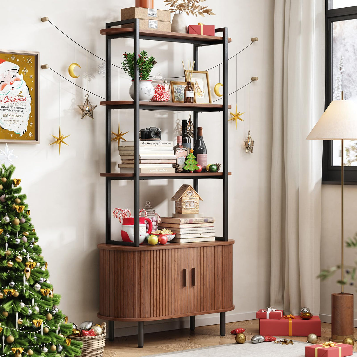 ONBRILL 71" Tall Bookshelf, 4-Tier Book Shelf with Storage Cabinet, Modern Bookcase with Sliding Door and Adjustable Footpad, Freestanding Storage Organizer Bookshelf for Living Room, Bedroom, Walnut ONBRILL