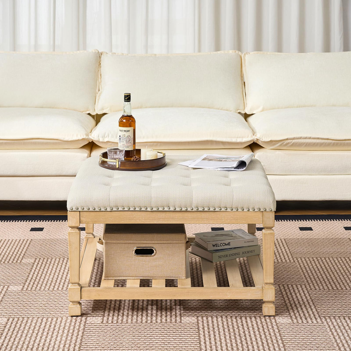 Befurtori Large Square Ottoman Coffee Table, Linen Solid Upholstered Footrest Ottoman with Solid Wood Shelf Storage Tufted Coffee Table for Bedroom Living Room-Ivory Befurtori