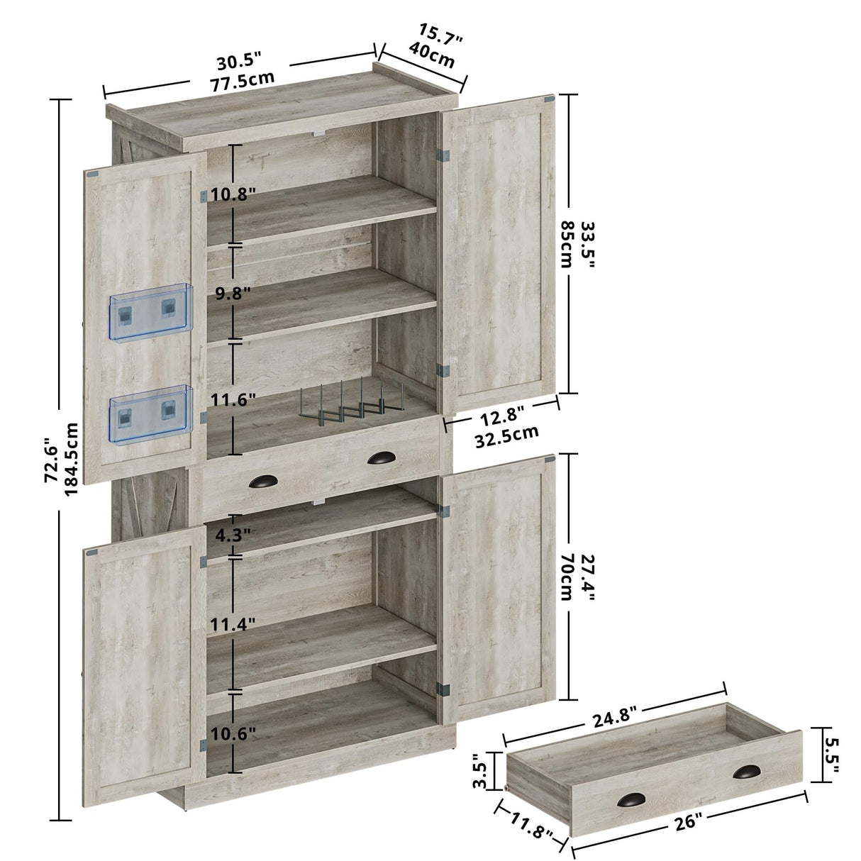 IRONCK Kitchen Pantry Storage Cabinet 72.6" H, with Barn Doors, Drawer, 4 Adjustable Shelves, Freestanding Cupboard for Dining Room Living Room, Laundry, Rustic Maple IRONCK