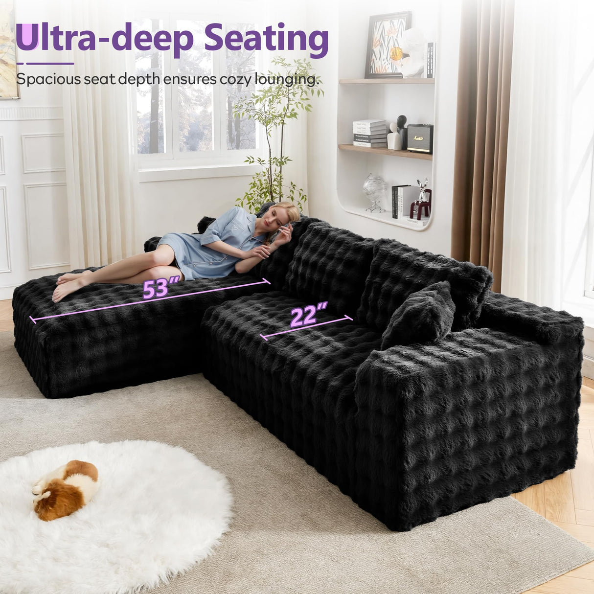 TYBOATLE 107’’ Boneless Slow-Rebound Memory Foam Couch, Cloud Sectional Couches for Living Room w/Upgraded Fabric, Deep Seat Comfy Fluffy L Shaped Modular Sectional Sofa (Black, Left Facing Chaise) TYBOATLE