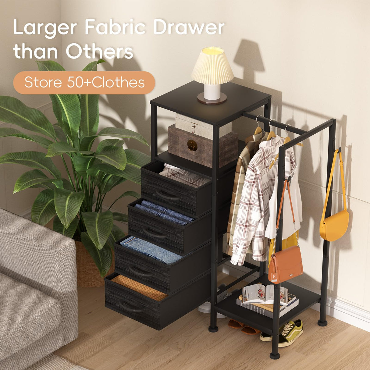 VERONLY Dresser with Hanging Rack, 4 Drawers Small Closet for Bedroom, Reversible Fabric Kids Chest of Drawers with Clothes Rack, Tall Storage Tower, Sturdy Frame, Black, 44''H VERONLY