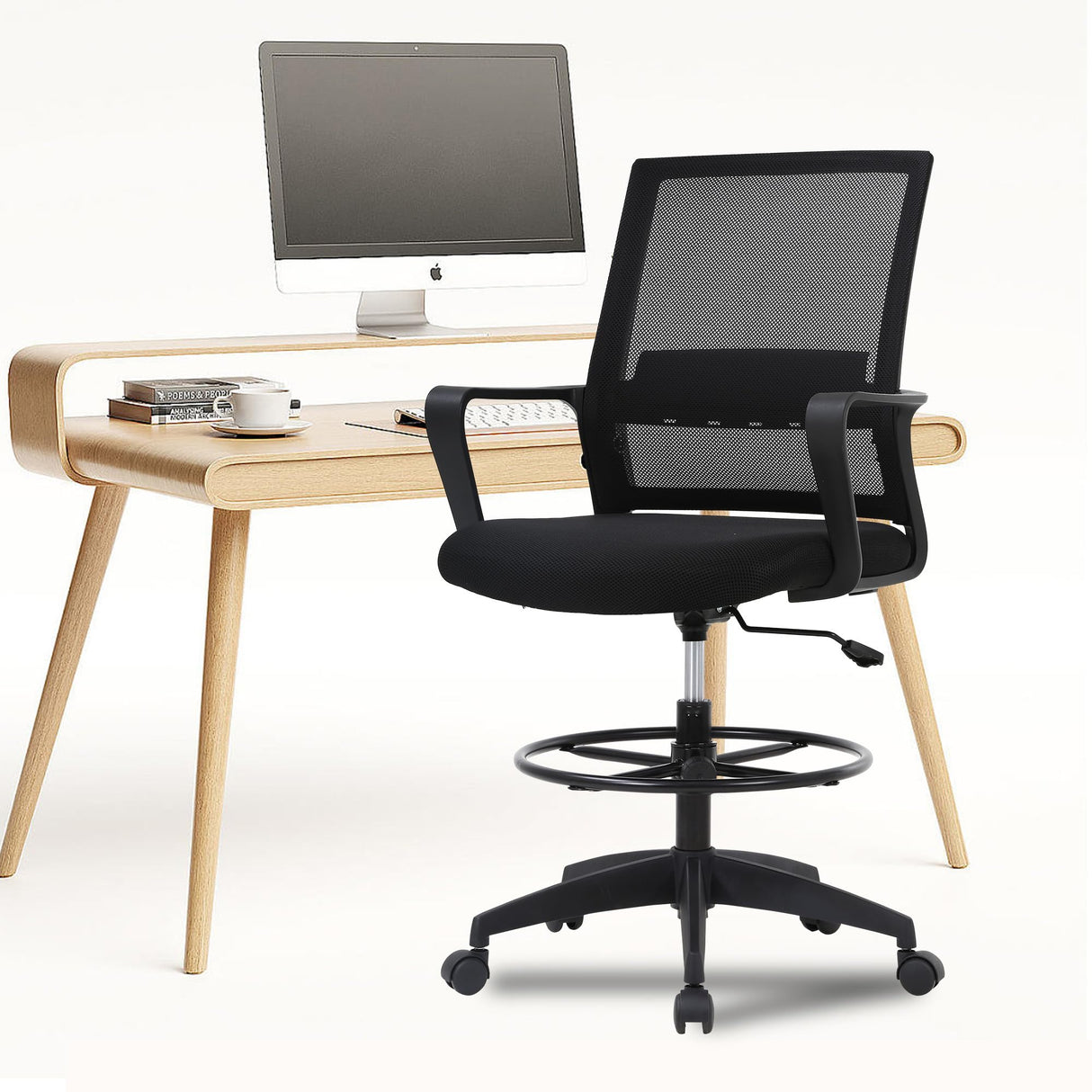 PayLessHere Drafting Chair Computer Standing Desk Chair Tall Office Chair with Lumbar Support Adjustable Foot Ring for Mesh Ergonomic Mid-Back Desk Chair (Black) PayLessHere