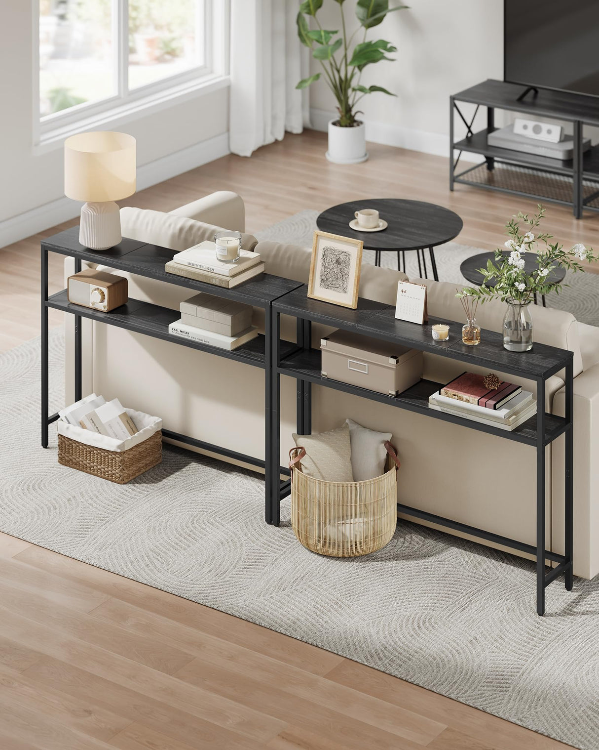 VASAGLE Console Table, 2-Tier Sofa Table, 7.9 x 39.4 x 31.5 Inches, Narrow Entryway Table, Modern Entry Table with 2 Shelves, for Living Room, Bedroom, Charcoal Gray and Ink Black ULNT131B22 VASAGLE