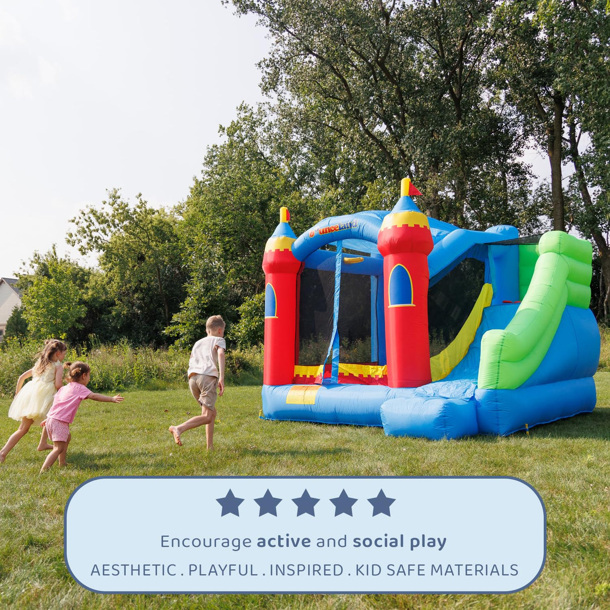 Bounceland Royal Palace Inflatable Bounce House, with Long Slide, Large Bouncing Area, Basketball Hoop and Sun Roof, 13 ft x 12 ft x 9 ft H, UL Strong Certified Blower, Castle Kids Party Theme Bounceland