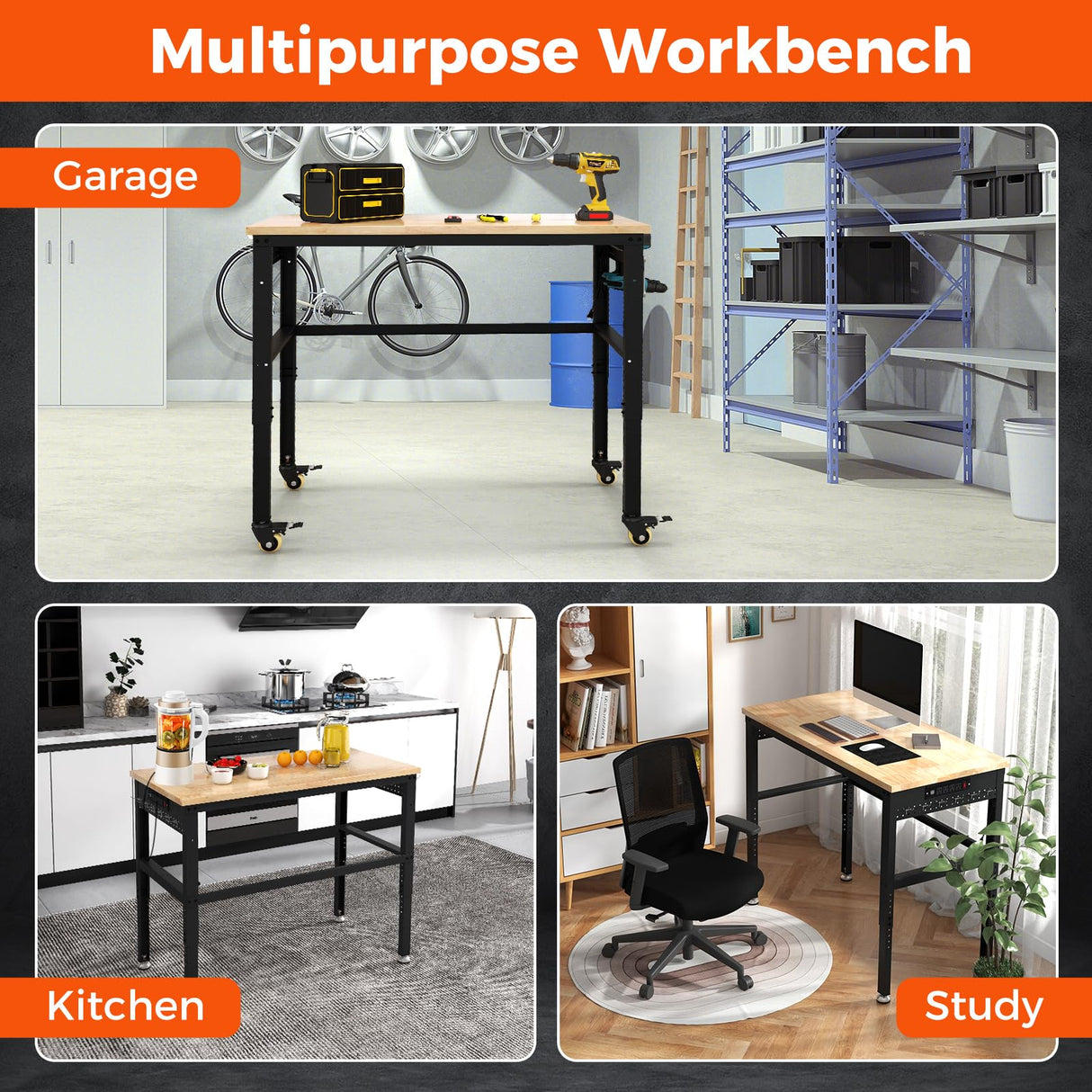 Goplus Work Bench with Power Outlet, 48” Adjustable Oak Wood Work Table w/Universal Lockable Wheels & Non-slipping Footpads, 1760LBS Capacity, Heavy Duty Steel Workbench for Garage Workshop Home Goplus