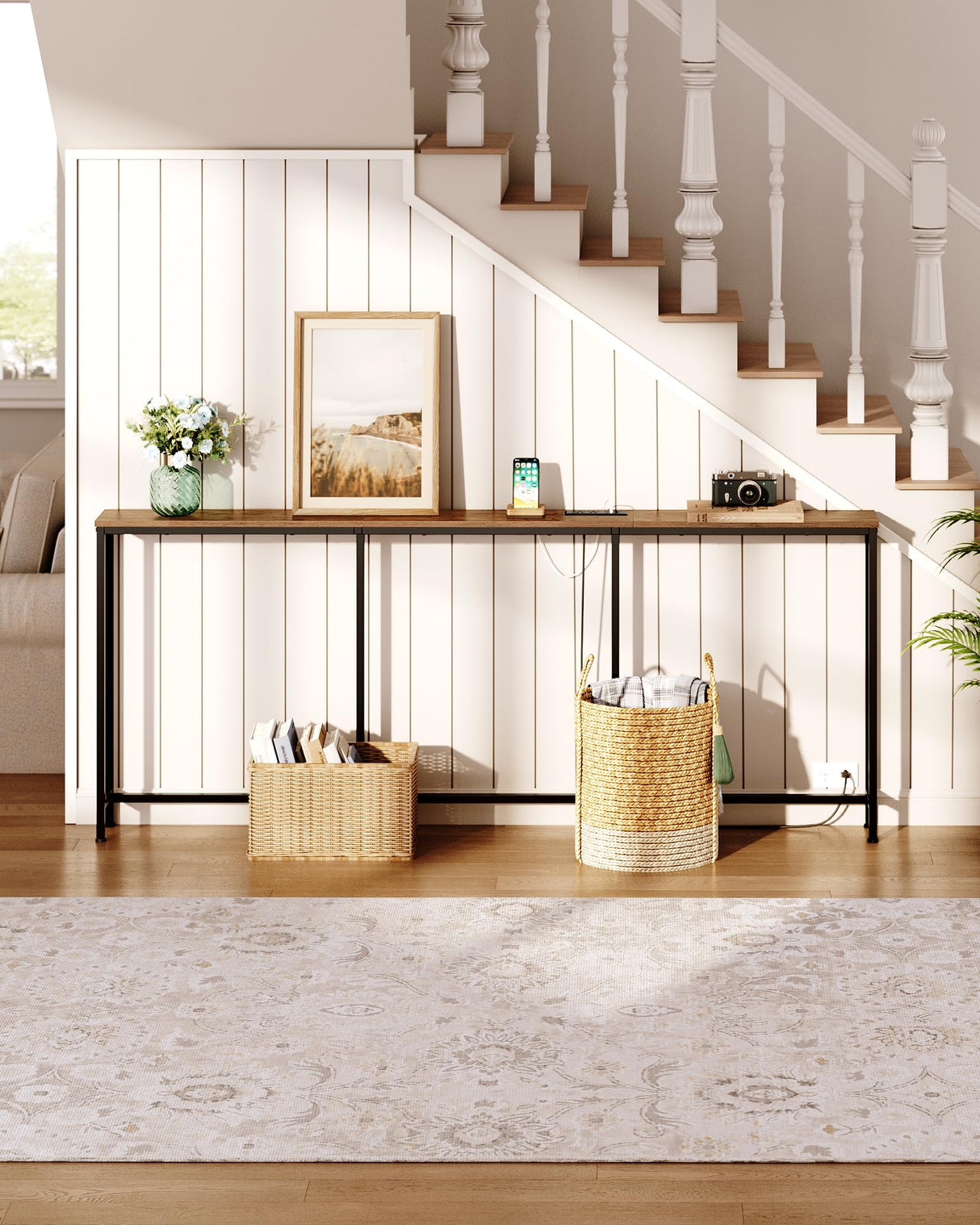 CHOEZON 78.7'' Narrow Console Table with Power Outlet 7.1" Skinny Sofa Table, Long Behind Couch Table with Charging Station, Entryway Table for Hallway, Living Room Rustic Brown and Black TXG20UBF CHOEZON