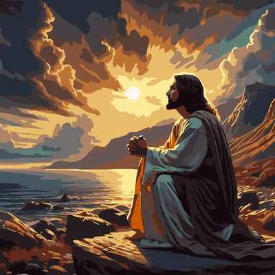 AREOPNMG Christmas Jesus Paint by Numbers Kit for Adults Beginner DIY Sunset Landscape Painting by Numbers Kits,with 3 Brushes and Acrylic Paint(Without Frame), Home Wall Decor 16 x 16 in