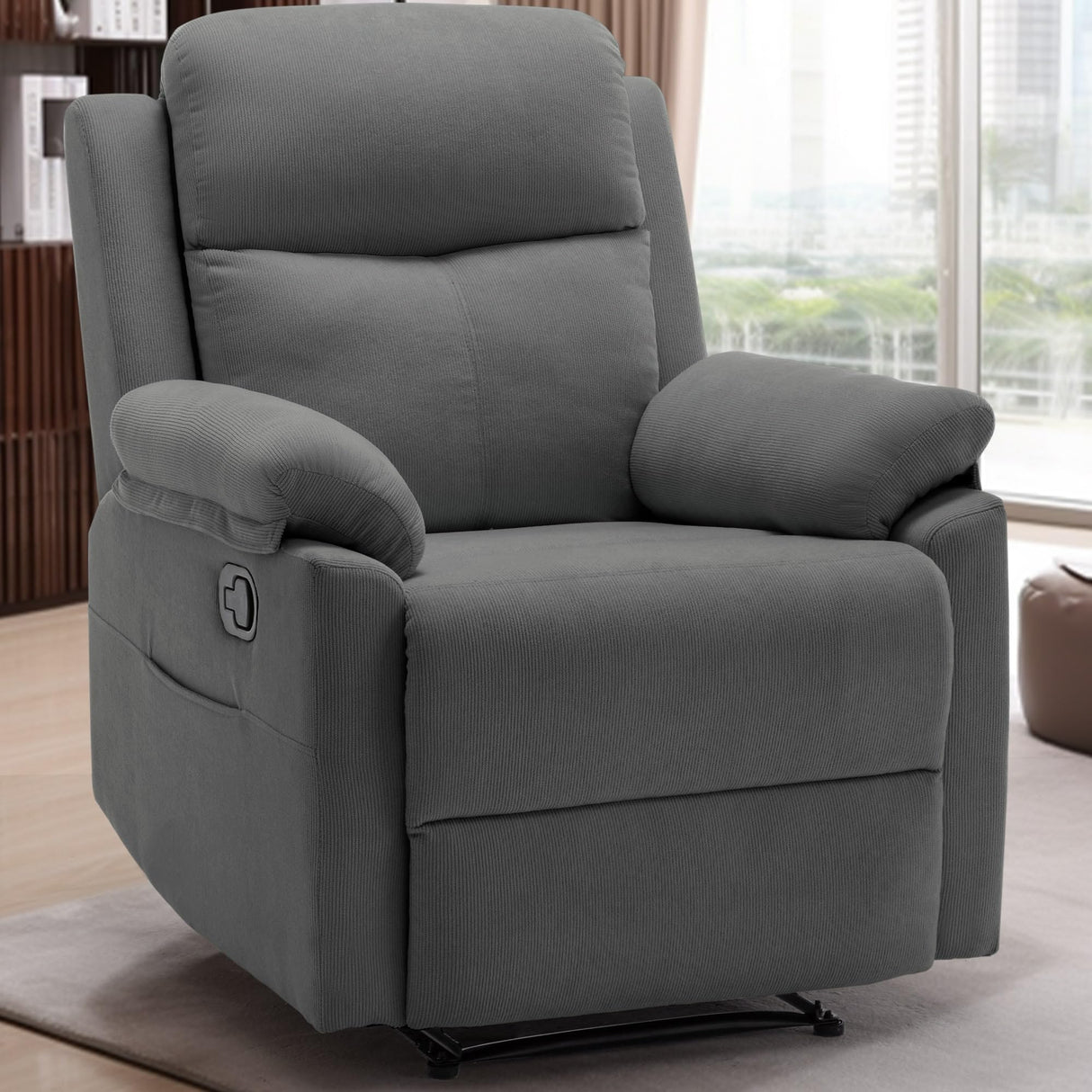 Korser Recliner Chair, Small Recliners for Small Spaces, Upholstered Manual Recliner with Side Pockets, Comfy Corduroy Chairs for Living Room, Bedroom, Reading, Grey Korser