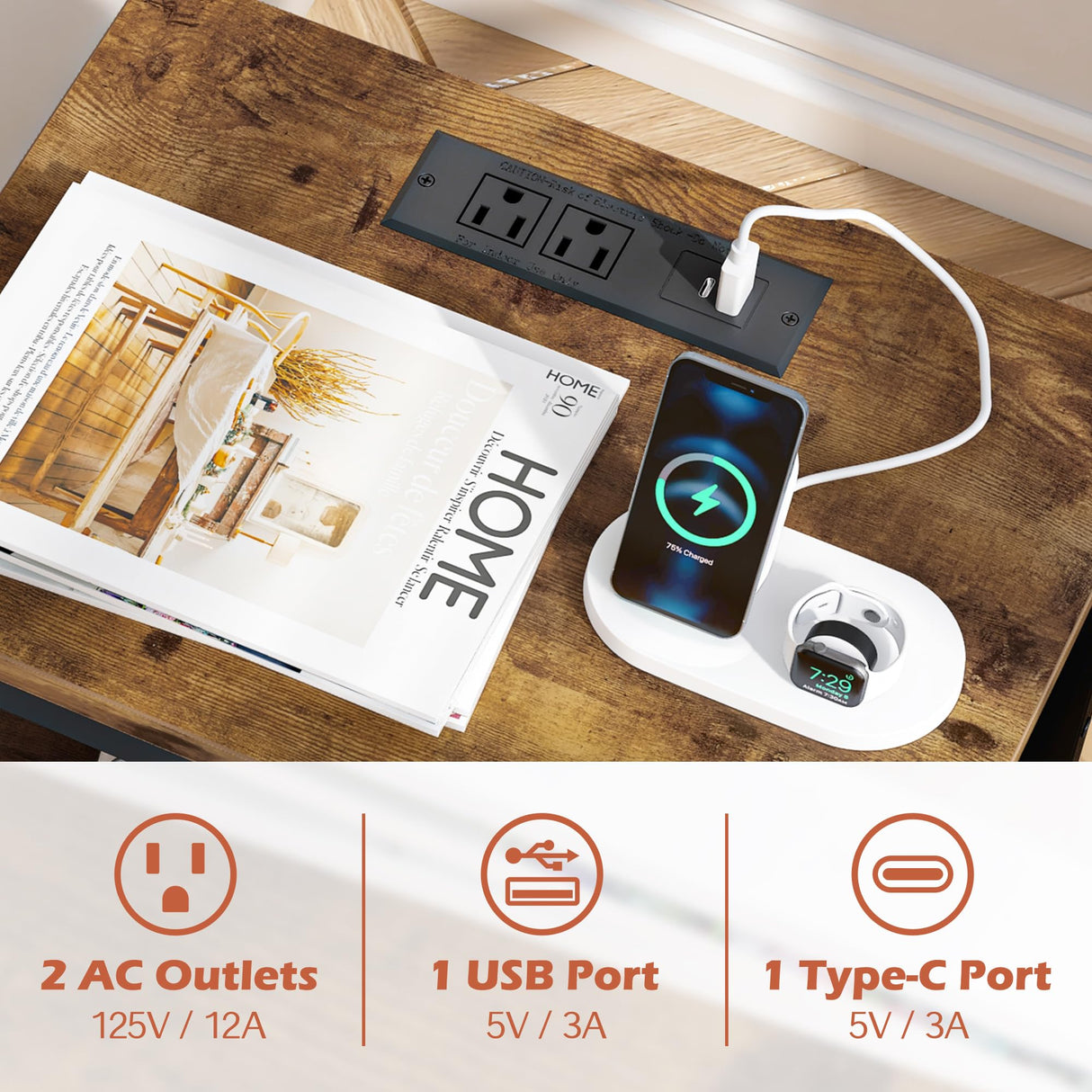 SUPERJARE Nightstand with Charging Station, Bed Side Table with Adjustable Fabric Drawer, Night Stand for Bedroom, 3-Tier Storage End Table, for Living Room, Rustic Brown and Black SUPERJARE