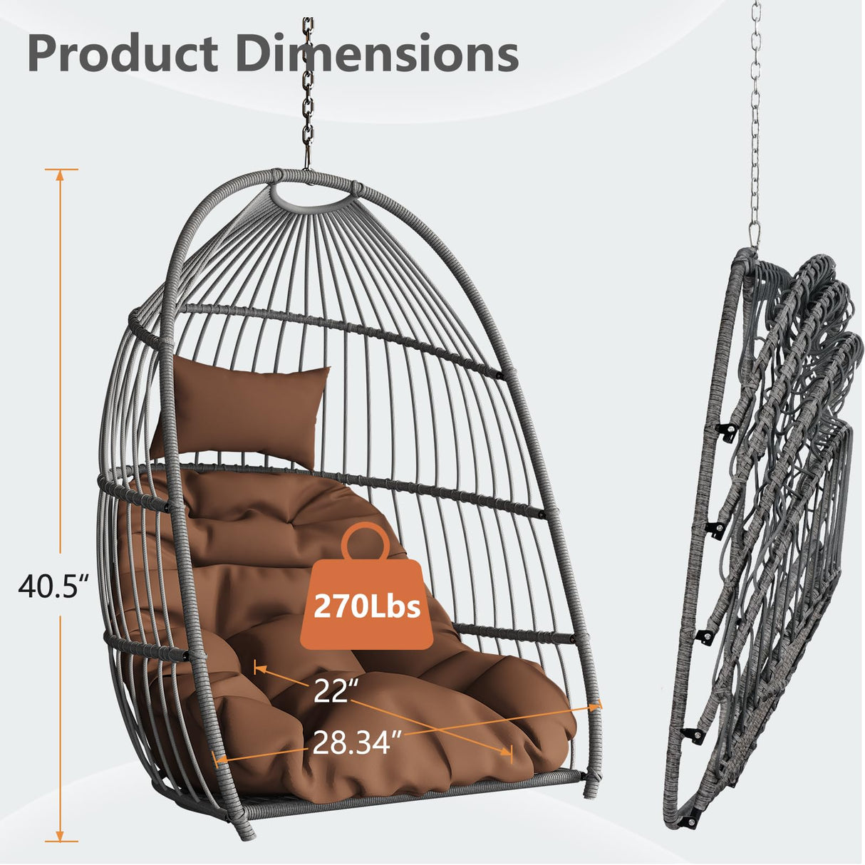 Hanging Egg Chair Without Stand, HDPE Rattan Foldable Swing Chair with Aluminum Frame & UV Resistant Cushion, Hammock Egg Basket for Indoor Outdoor Bedroom Garden, 350Lbs Capacity (Coffee) DAIJIA CHINA