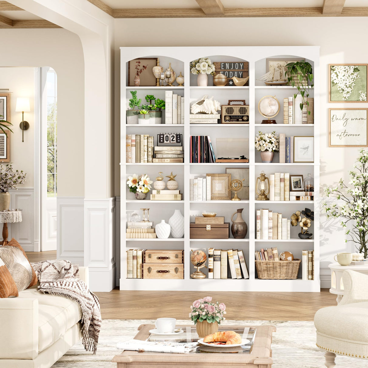 FACBOTALL 71" Triple Wide Bookshelf, 6 Tier Bookcase, Large White Bookshelf with Curved Baffle, 63.4" Wide Tall Bookcase with 18 Open Display Shelves for Living Room, Study, White FACBOTALL