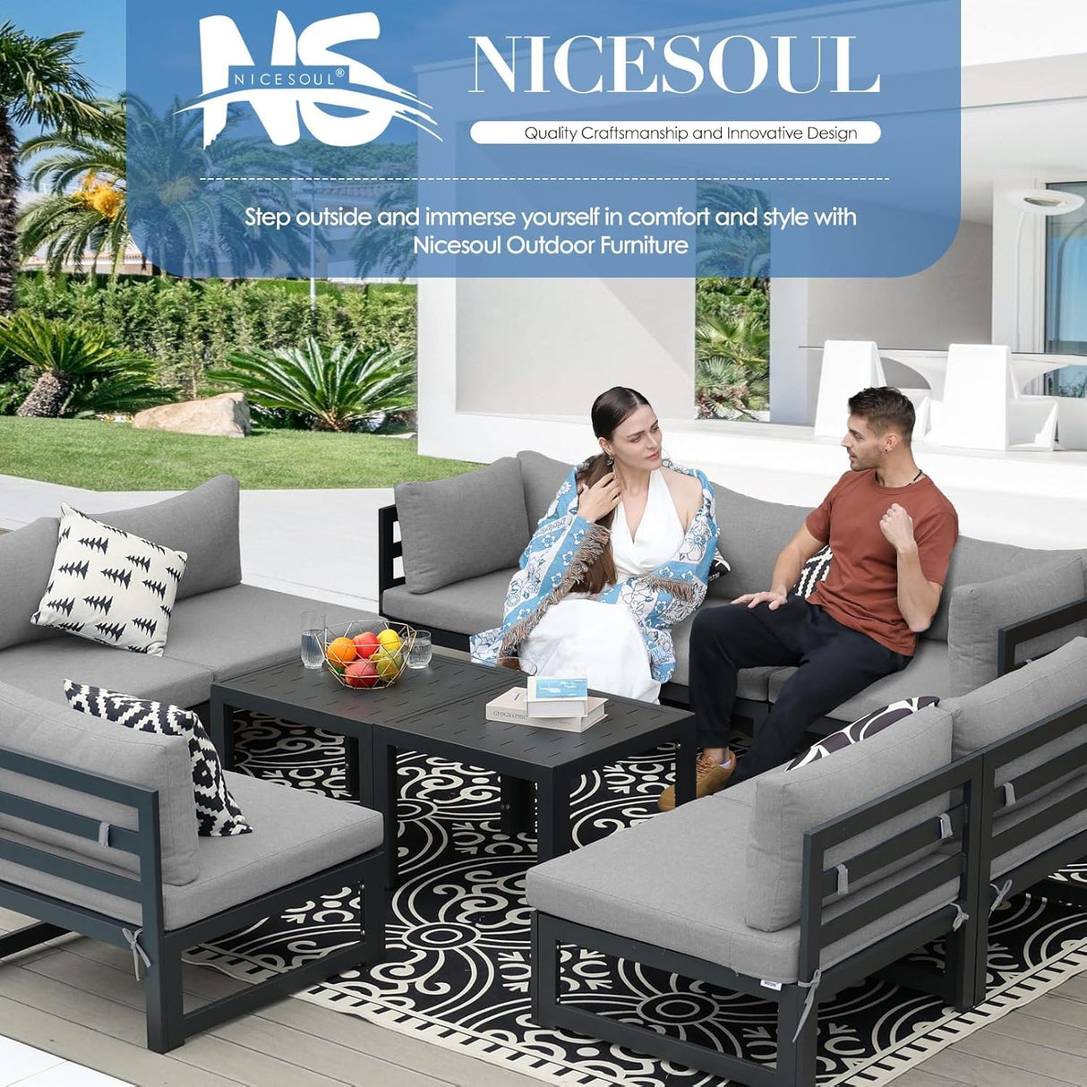 NICESOUL 8 Piece Extra Large Modern Aluminum Outdoor Sofa, 29" Deep Wide Seating, 500 lbs Durable Sectional Set for Heavy People, Rust Resistant Patio Furniture Set for Backyard Poolside, Light Gray NICESOUL